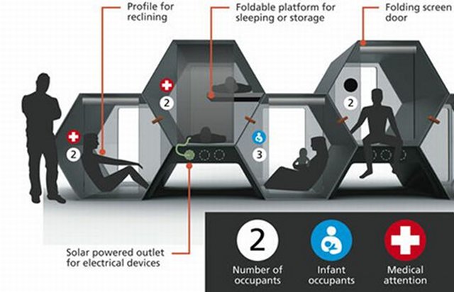 Haven concept shelters can be stacked and transported easily