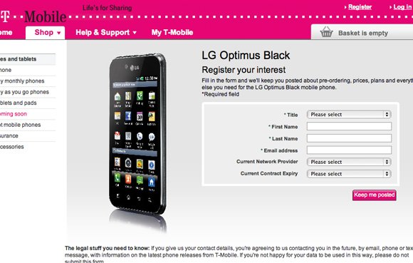 LG Optimus Black on T-Mobile UK's website