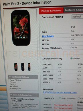 Verizon Palm Pre 2 product page